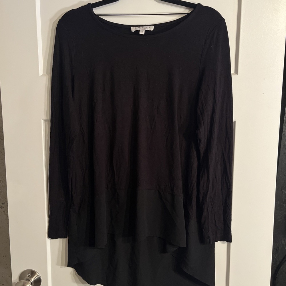 Chaus New York Womens Black Long Sleeve Tunic Top Mixed Media Blouse Size Medium